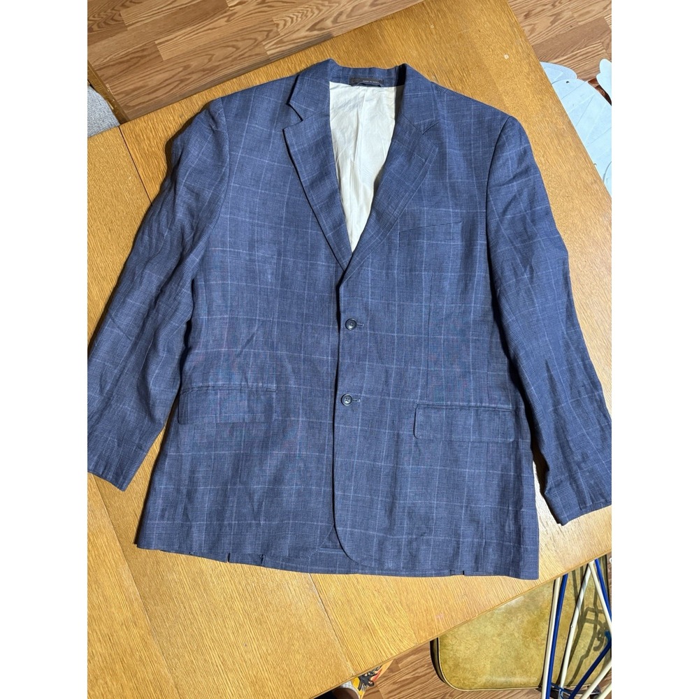 Tasso Elba Unconstructed Blazer Men‎ 42 44 L Blue Linen Windowpane Sport Coat